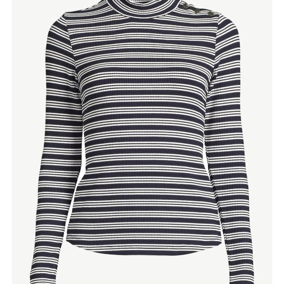 FREE ASSEMBLY Women's Button Shoulder Mock Neck Ribbed Top with Long Sleeves - Picture 4 of 5